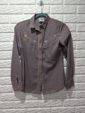 Vintage Women's Little Lisa Western Show Shirt Size Small Blue Tan Stripe Rodeo